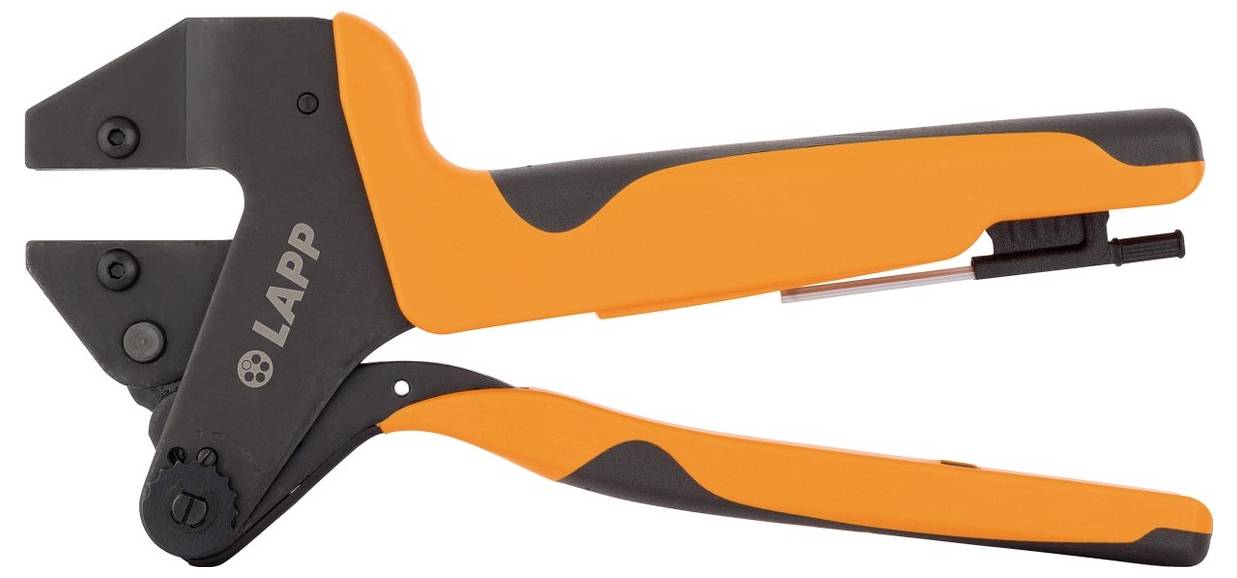 Eine orangefarbene Crimpzange mit schwarzem Griff der Marke 'Lapp', verwendet zum Crimpen von Kabelverbindungen.