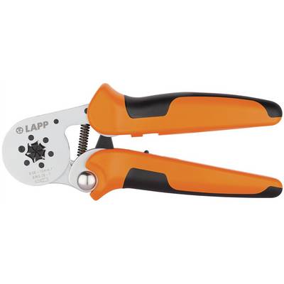 Handzange mit orangen Griffen, geeignet zum Crimpen von Kabeln, mit einem Metallkopf und schwarzer Markierung.