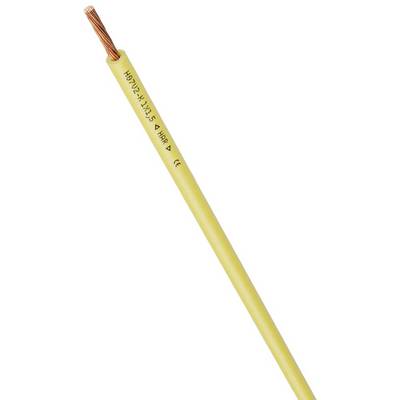 Gelbes Elektrokabel mit Kupferdraht sichtbar am Ende. Kabel ist mit 'H05V-K 1x1,5 mm²' beschriftet, geeignet für elektrische Installationen.
