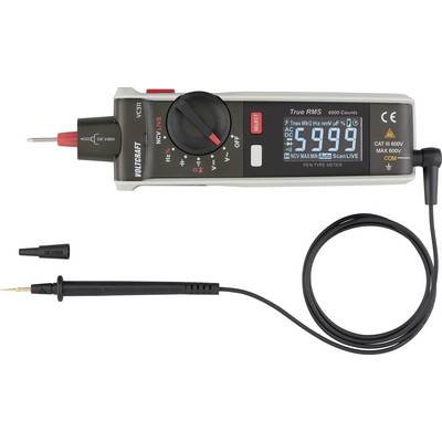 Multimeter zeigt 599 an, Nadelmesspitze angeschlossen. Drehschalter für Spannung, Widerstand und Durchgangsprüfung. CAT-III-600V-Bewertung.