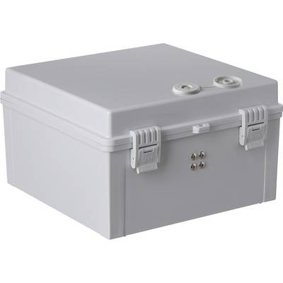 Graue Kunststoffbox mit Clip-Verschlüssen und vier kleinen Metallteilen auf der Vorderseite, ohne sichtbaren Inhalt.