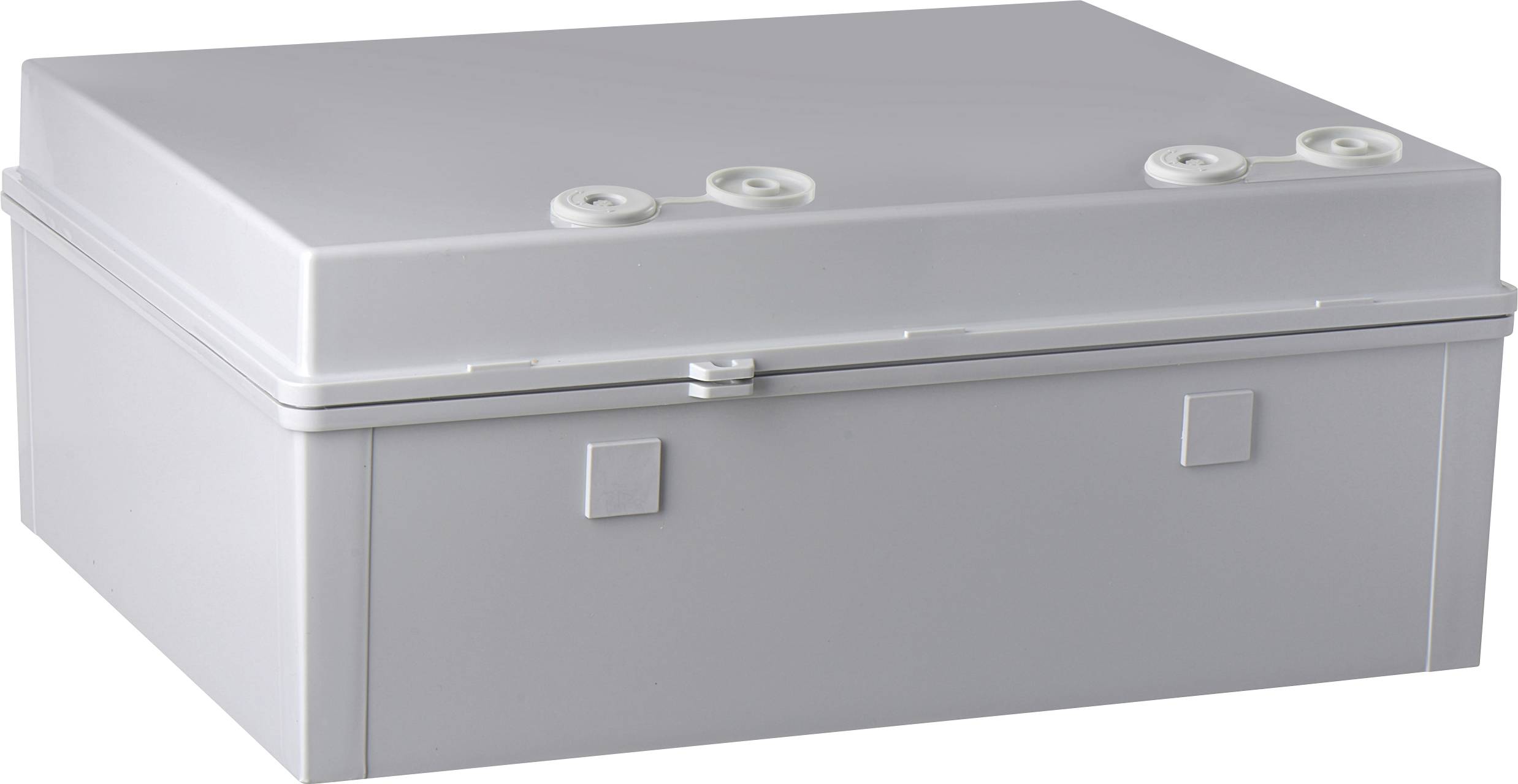 Graues, rechteckiges Kunststoffgehäuse mit abnehmbarem Deckel und mehreren runden Öffnungen auf der Oberseite.用途不明。