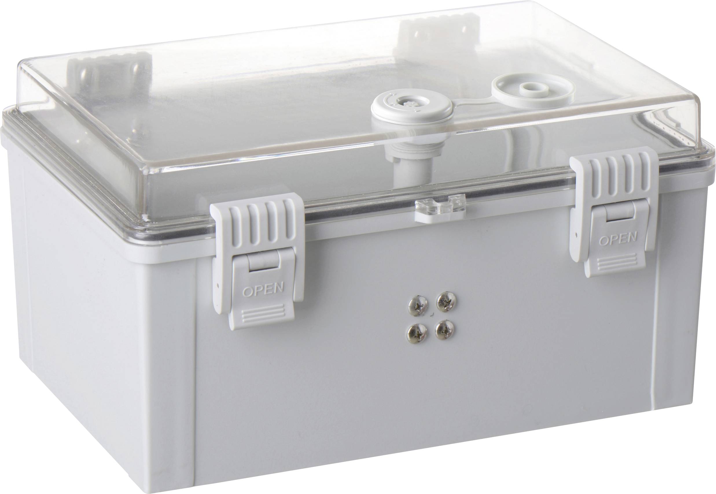 Eine rechteckige, transparente Kunststoffbox mit Deckel und zwei Verschlüssen. Geeignet zur sicheren Aufbewahrung von Geräten.