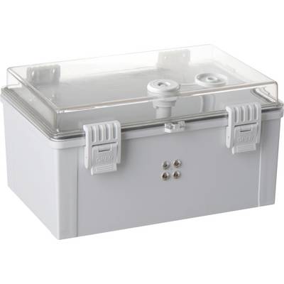 Eine rechteckige, transparente Kunststoffbox mit Deckel und zwei Verschlüssen. Geeignet zur sicheren Aufbewahrung von Geräten.