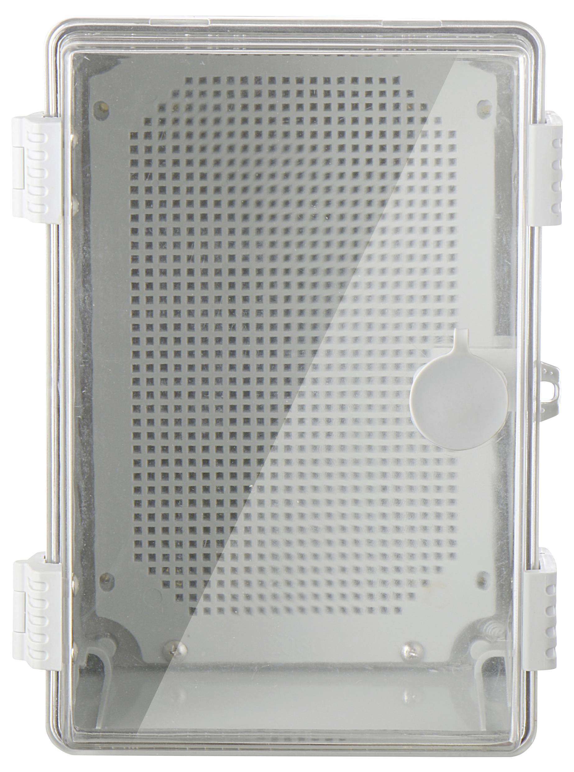 Kunststoffgehäuse mit durchsichtigem Deckel, seitlichen Verschlüssen und Lüftungsgitter. Geeignet zur Aufbewahrung von Elektronik.