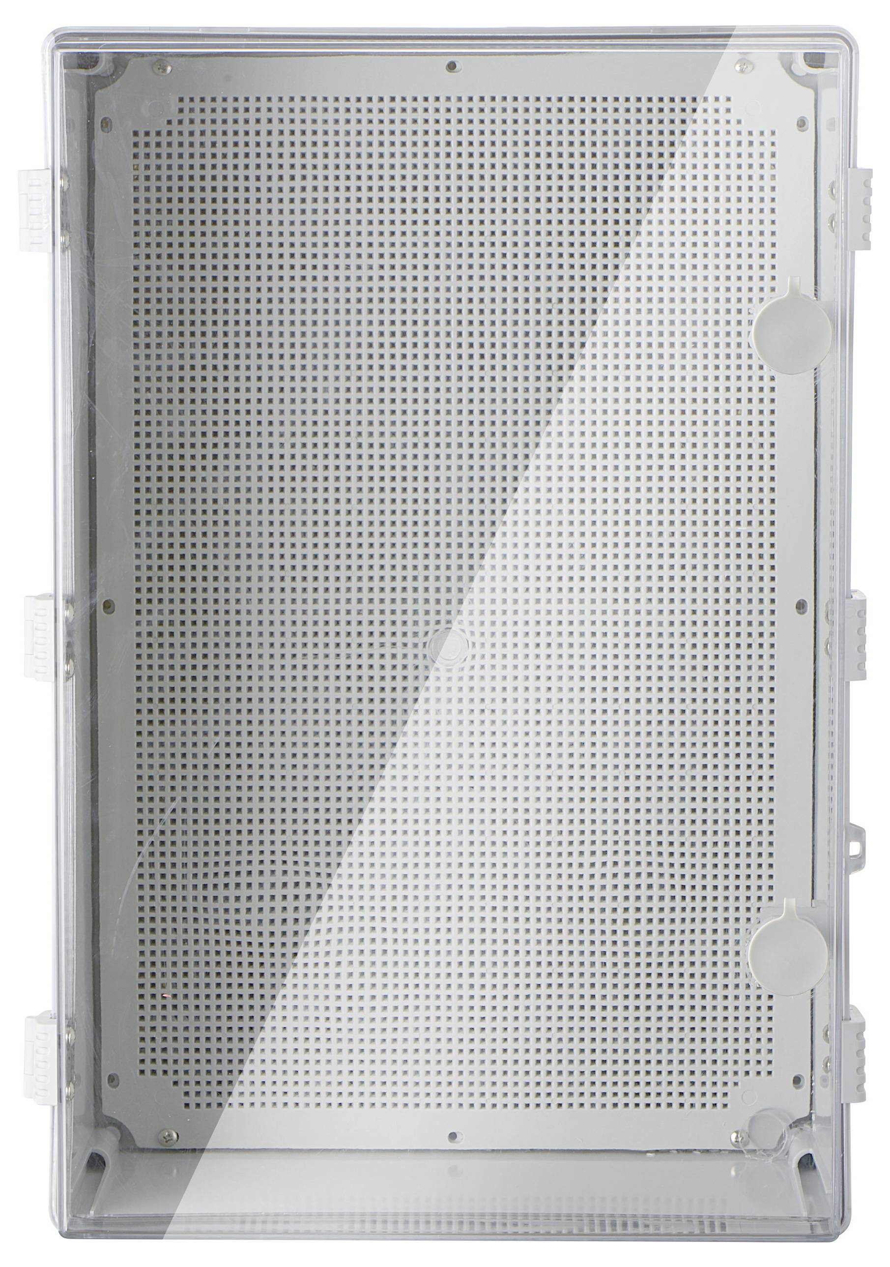 Ein rechteckiges, durchsichtiges Gehäuse mit perforierter Rückwand und Verschlüssen an den Seiten. Dient zum Schutz von Elektronik.