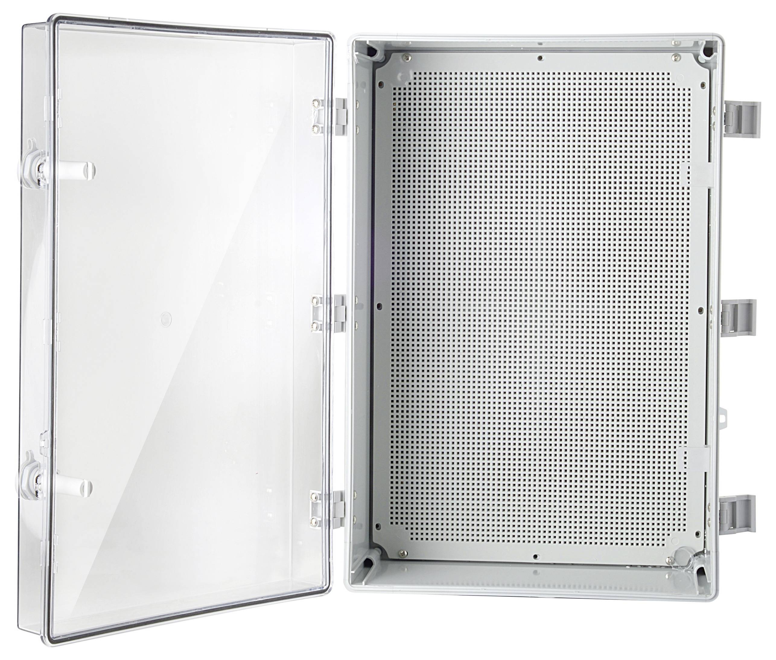 Geöffneter rechteckiger Schaltkasten mit transparentem Deckel und perforierter Metallplatte innen. Geeignet für Elektronikmontage.