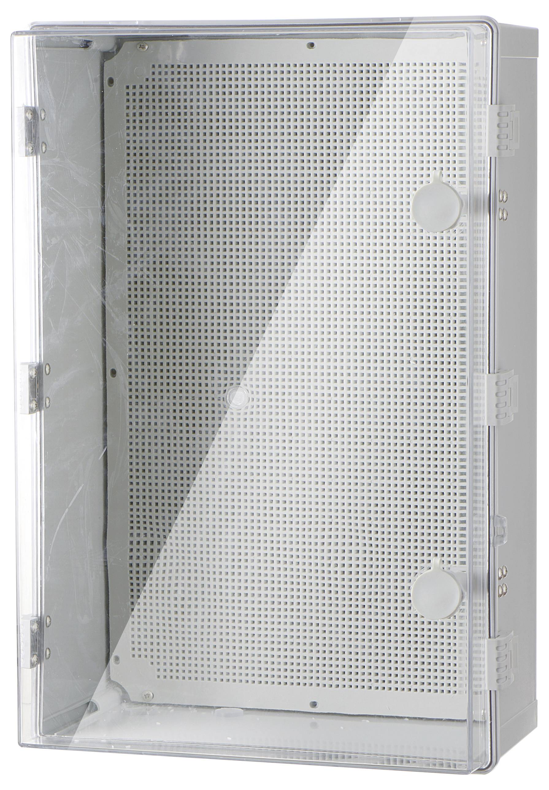 Ein leerer, transparenter Kunststoffkasten mit perforierter Metallrückseite, geeignet für Elektronikinstallationen.