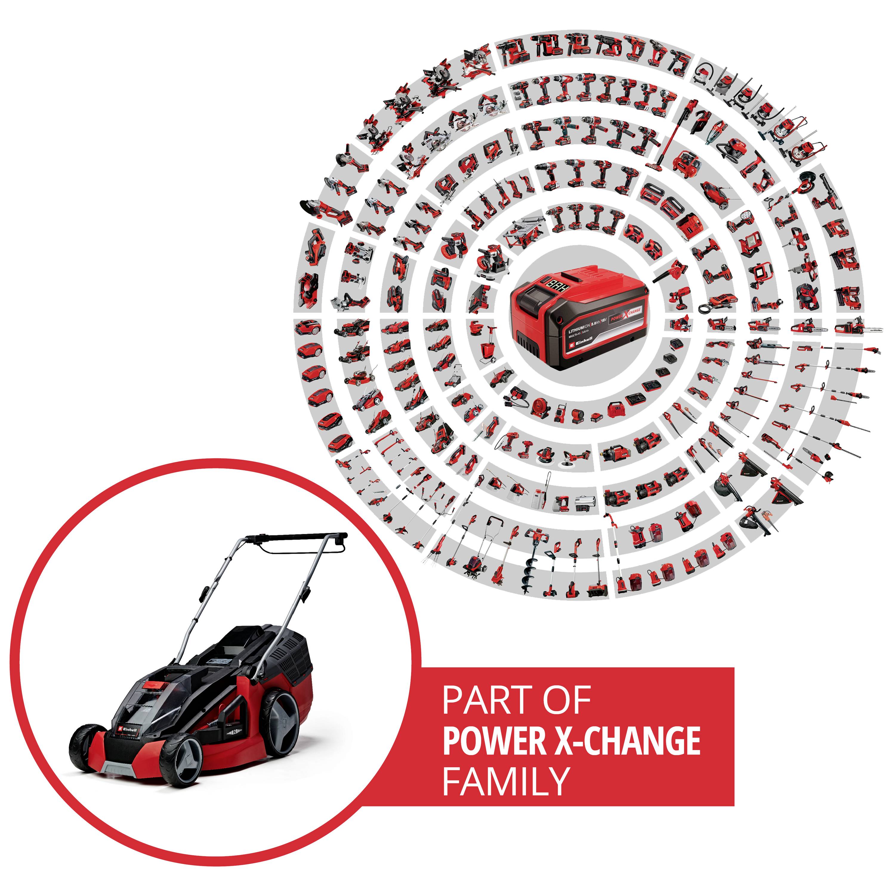 Ein roter und schwarzer Rasenmäher mit einem Akku, umgeben von einem Kreis aus Werkzeugen. Text: 'Part of Power X-Change Family'.