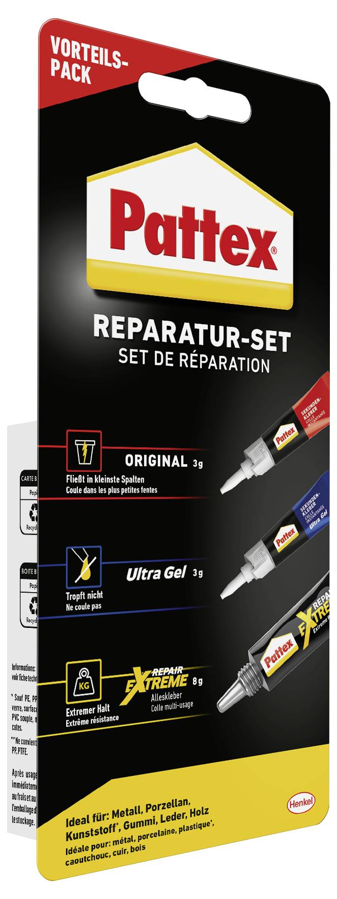 Pattex Reparatur-Set mit drei Klebstofftuben: 'Original', 'Ultra Gel' und 'Xtreme', geeignet für verschiedene Materialien.