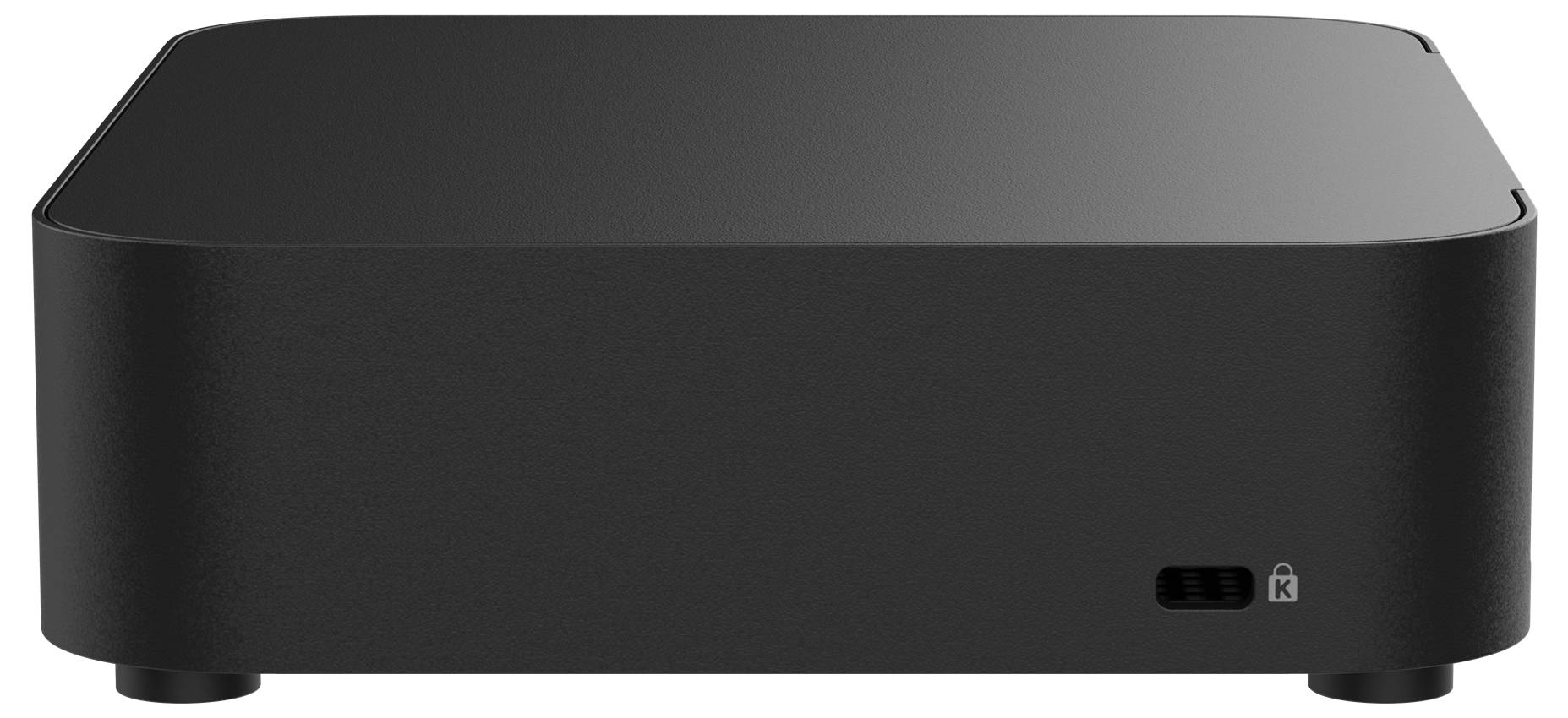 Ein schwarzer, rechteckiger Mini-PC mit abgerundeten Ecken und einem kleinen Schloss-Symbol auf der Vorderseite unten rechts.