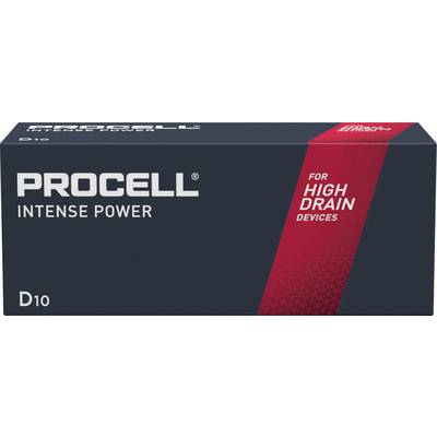 Eine rechteckige Verpackung für Procell-Batterien, dunkelblau mit rotem Streifen, beschriftet mit 'Intense Power' für Hochleistungsgeräte.