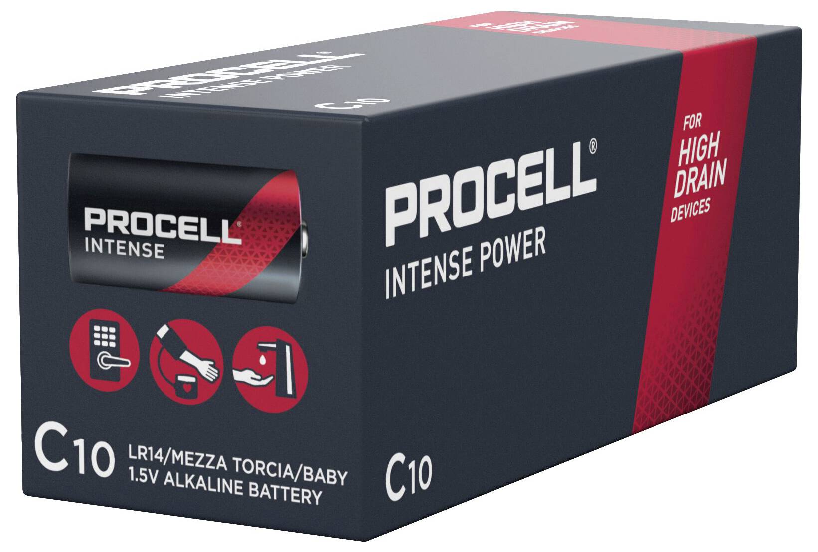 'Schachtel mit Procell Intense Power Batterien, geeignet für Hochleistungsgeräte. C10-Größe, 1,5V alkalische Batterie.'