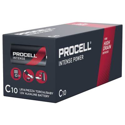 'Schachtel mit Procell Intense Power Batterien, geeignet für Hochleistungsgeräte. C10-Größe, 1,5V alkalische Batterie.'