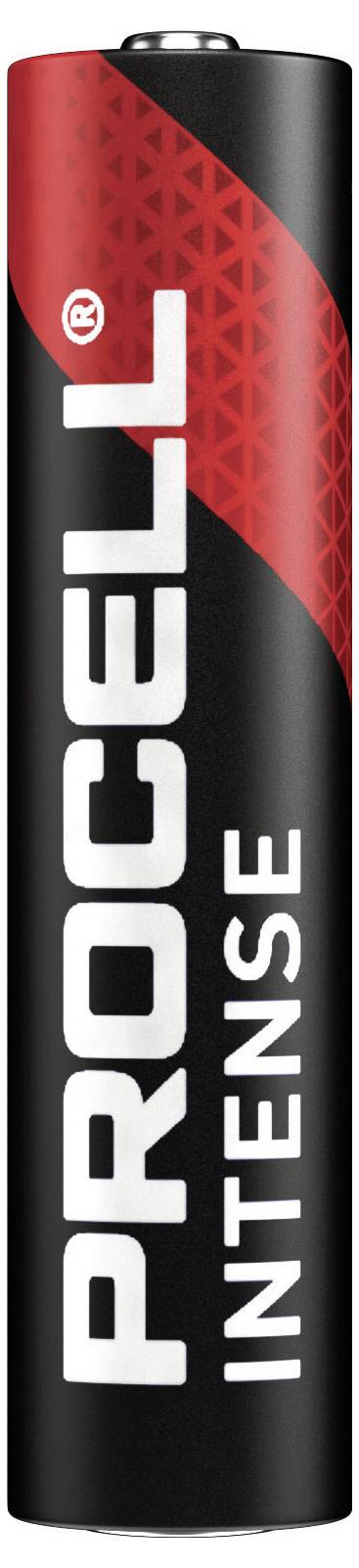 'Procell Intense' AA-Batterie mit schwarzem Gehäuse und rotem Akzent oben. Batteriemarke und Typ sind zentral platziert.