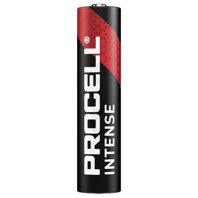'Procell Intense' AA-Batterie mit schwarzem Gehäuse und rotem Akzent oben. Batteriemarke und Typ sind zentral platziert.