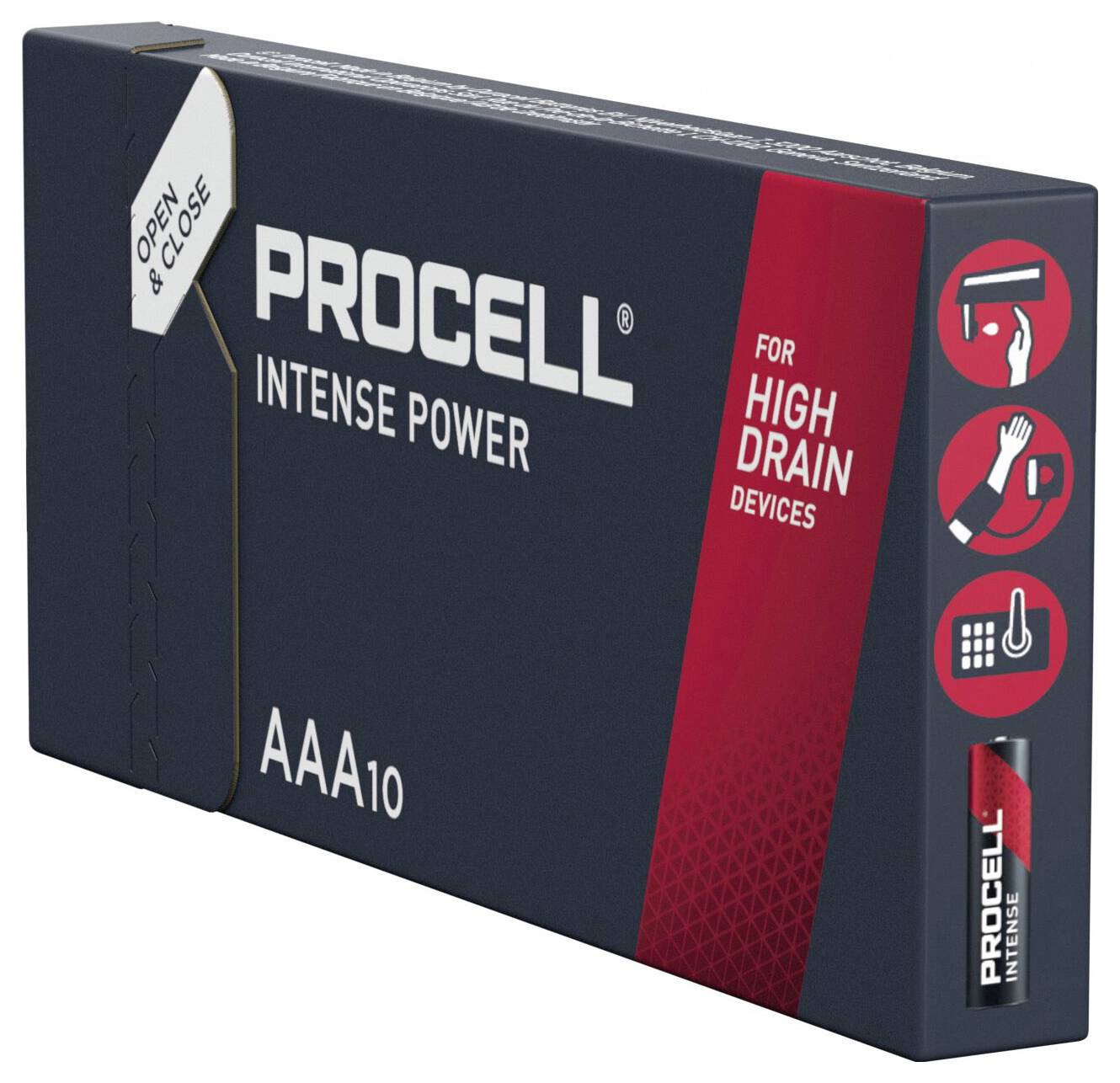 Procell-Batterieverpackung mit 'Intense Power'-Aufschrift, geeignet für Geräte mit hohem Energieverbrauch, enthält AAA-Batterien.