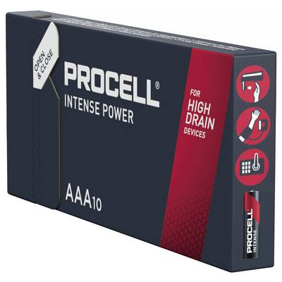 Procell-Batterieverpackung mit 'Intense Power'-Aufschrift, geeignet für Geräte mit hohem Energieverbrauch, enthält AAA-Batterien.