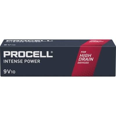 Die Abbildung zeigt eine Packung Procell Intense Power 9V10 Batterien. Text auf rotem Streifen: 'For High Drain Devices'.