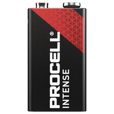 Schwarze 9-Volt-Procell-Intense-Batterie mit rotem diagonalem Design im oberen Bereich.