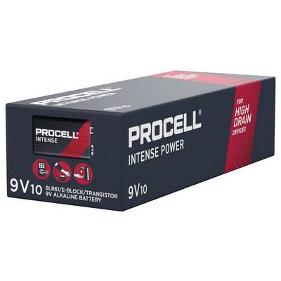 '9V Duracell Procell Batterie, intensiv, für Geräte mit hohem Energiebedarf. Verpackung zeigt Produktnamen und Spezifikationen.'