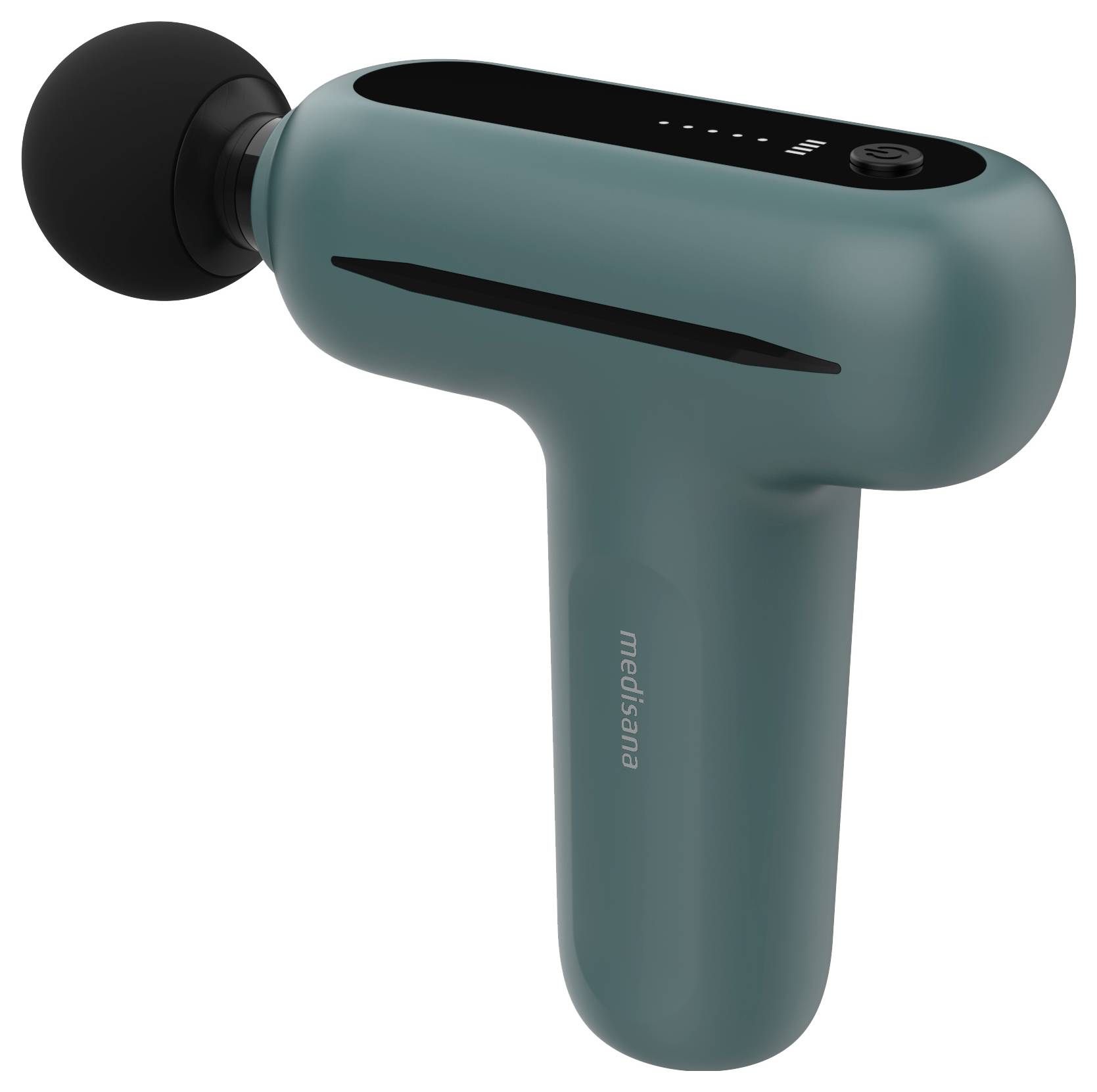 Massagepistole in Grün mit schwarzem Aufsatz und LED-Anzeige.