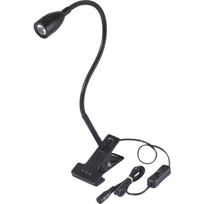 Flexible, schwarze LED-Clipleuchte mit Schwanenhals und an-/aus-Schalter. Ideal für direkte Beleuchtung am Arbeitsplatz oder beim Lesen.