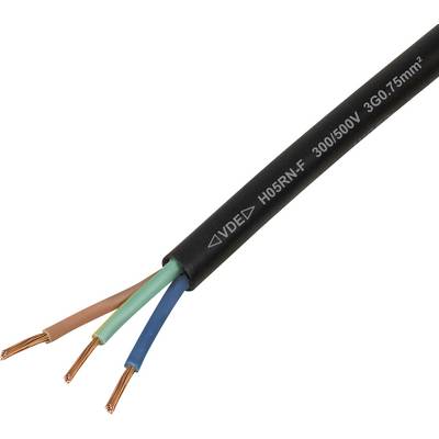 Ein schwarzes Elektrokabel mit drei freigelegten Kupferleitern in braun, blau und grün/gelb. Gekennzeichnet mit '300/500V 3G0,75mm²'. Geeignet für Elektrogeräte.