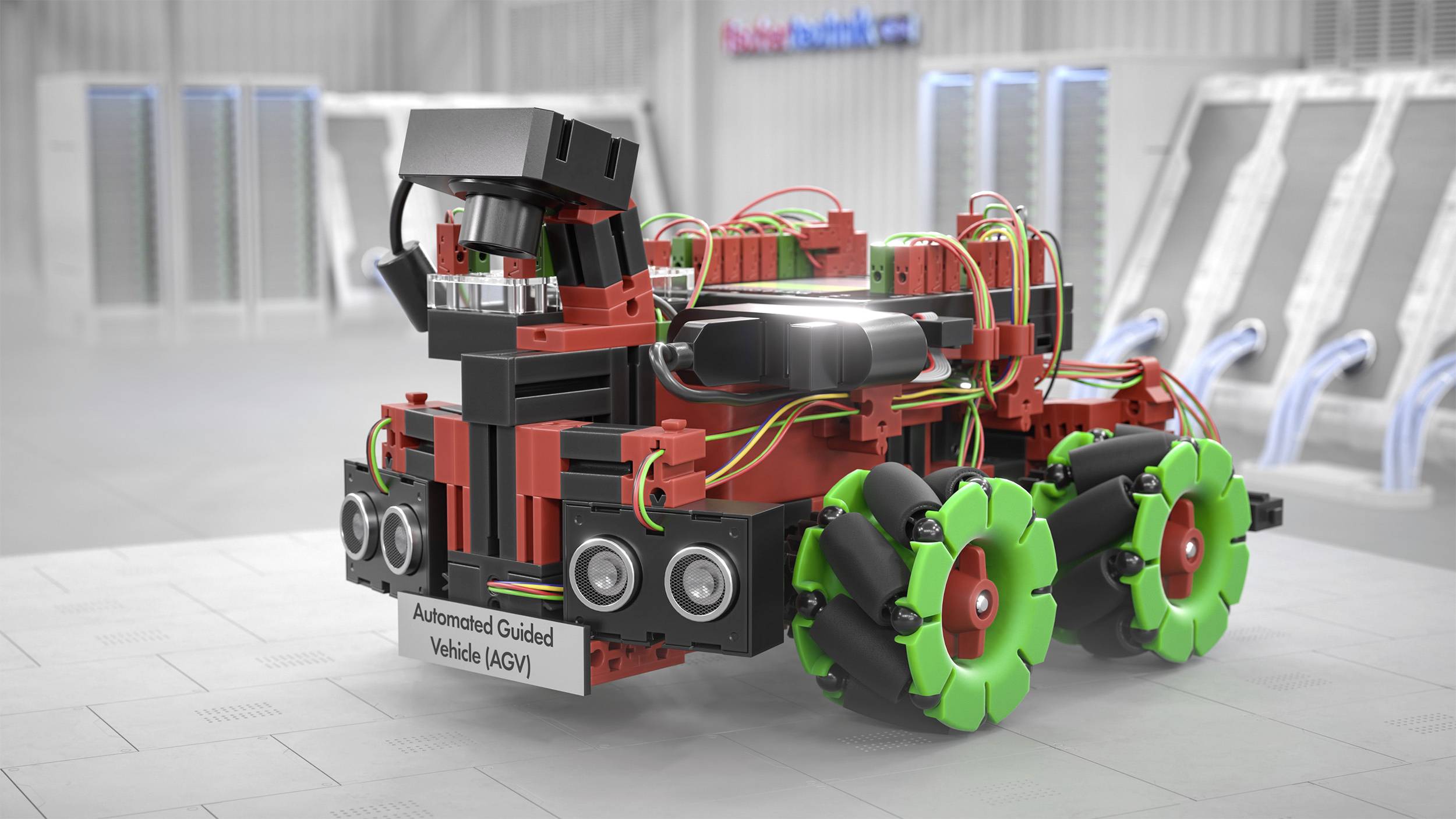 Automatisiertes geleitetes Fahrzeug (AGV) mit Sensoren und bunten Rädern in einer modernen Fabrikumgebung.