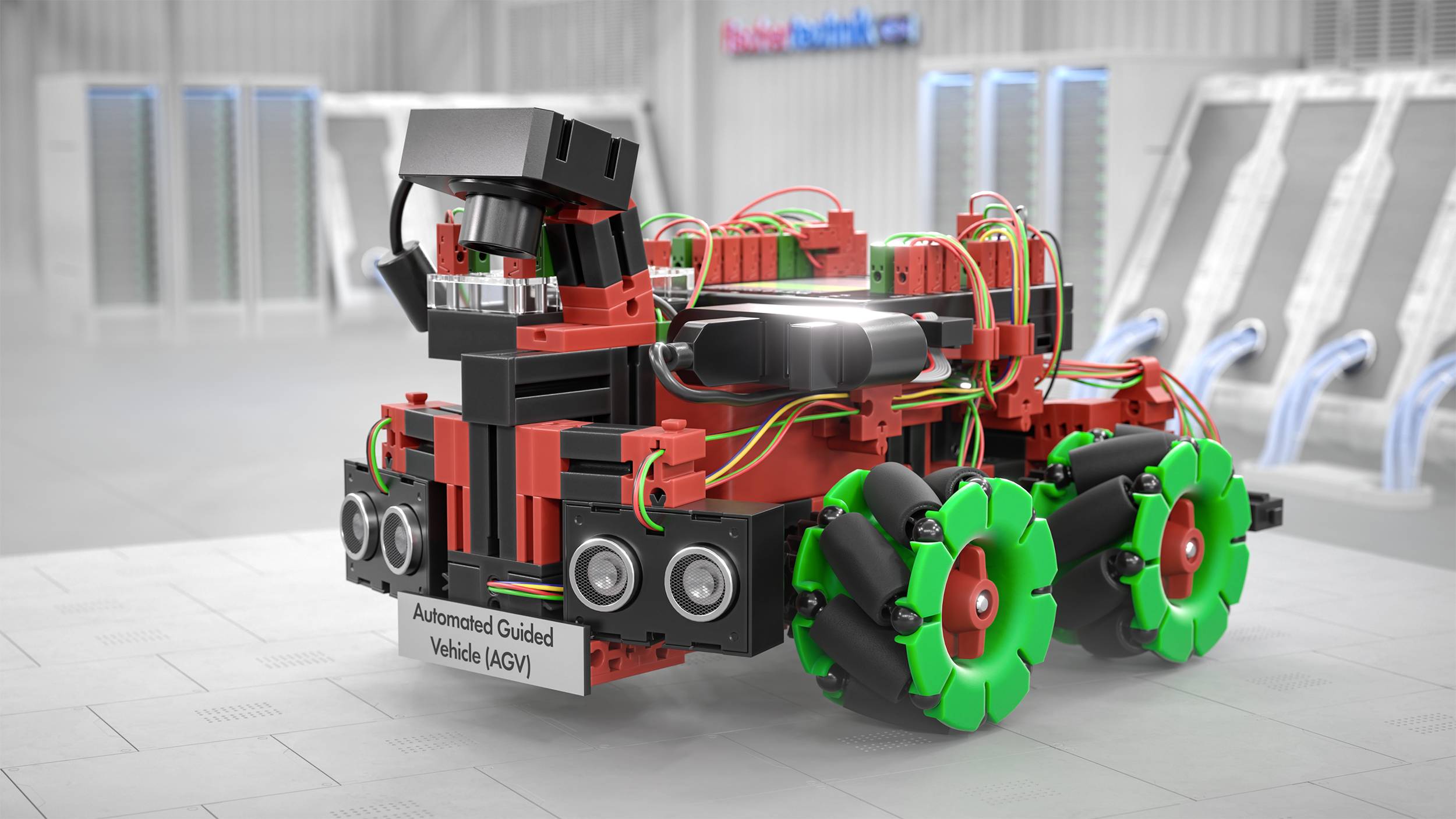 Ein automatisiert geführtes Fahrzeug (AGV) mit roten und grünen Bauteilen steht in einer modernen Industrieumgebung.