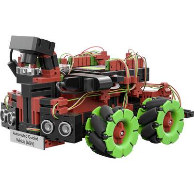 Ein automatisiertes, lenkbares Fahrzeug (AGV) aus roten und schwarzen Legosteinen mit grünen Rädern und zahlreichen Kabelverbindungen.