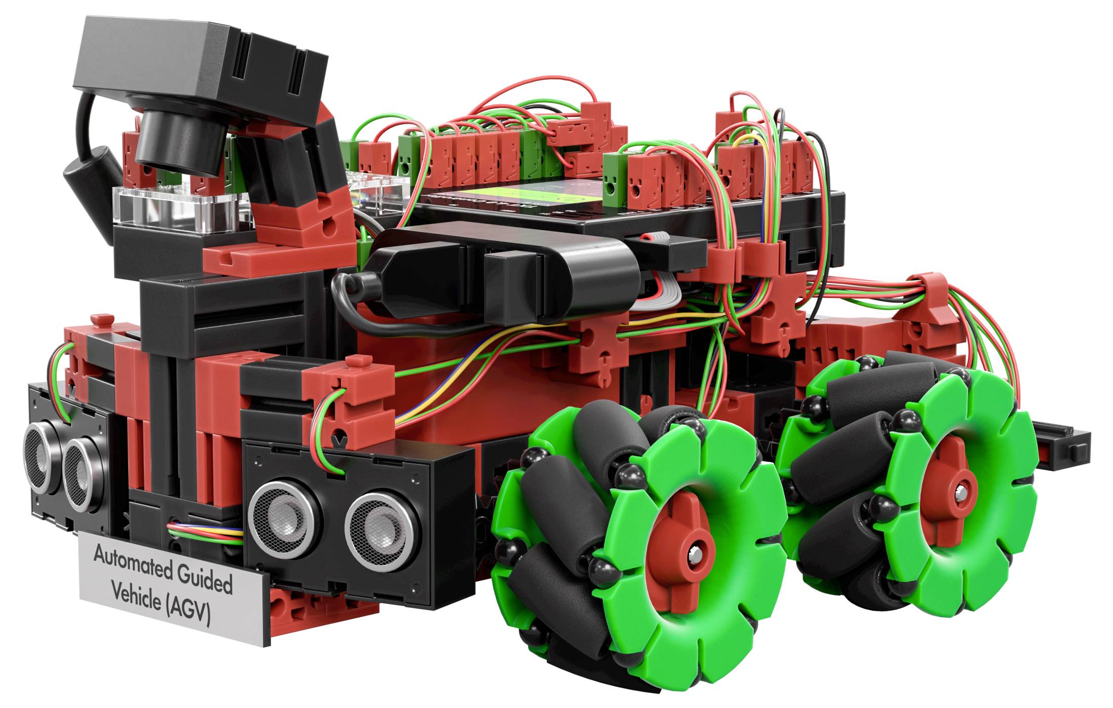 Ein automatisiertes, rot-schwarzes Fahrzeugmodell mit grün-roten Rädern; bezeichnet als 'Automated Guided Vehicle (AGV)'.