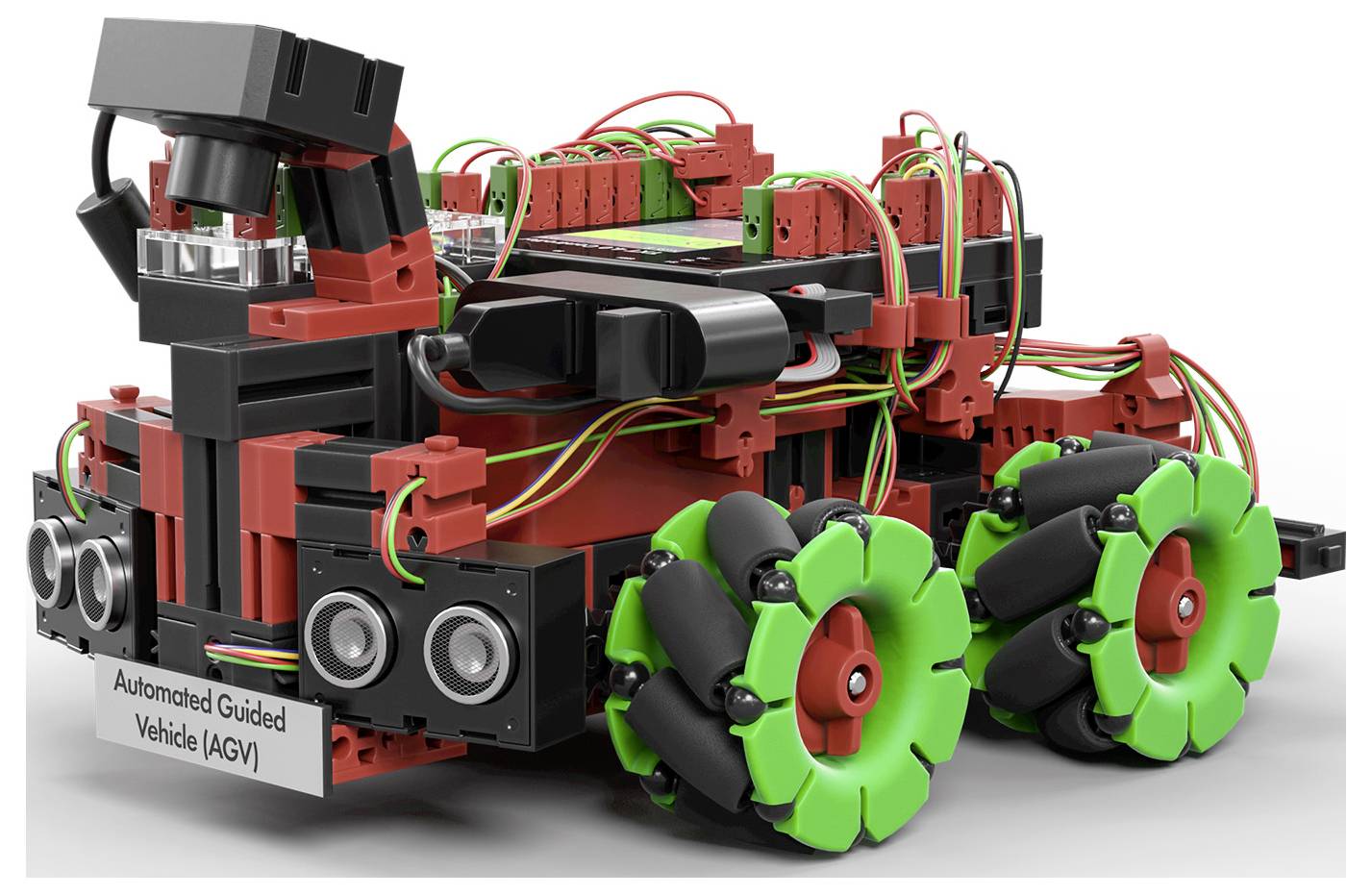 Ein automatisiertes, fahrerloses Fahrzeug (AGV) mit grün-schwarzen Rädern und roten Komponenten zeigt Technik und Verkabelung.
