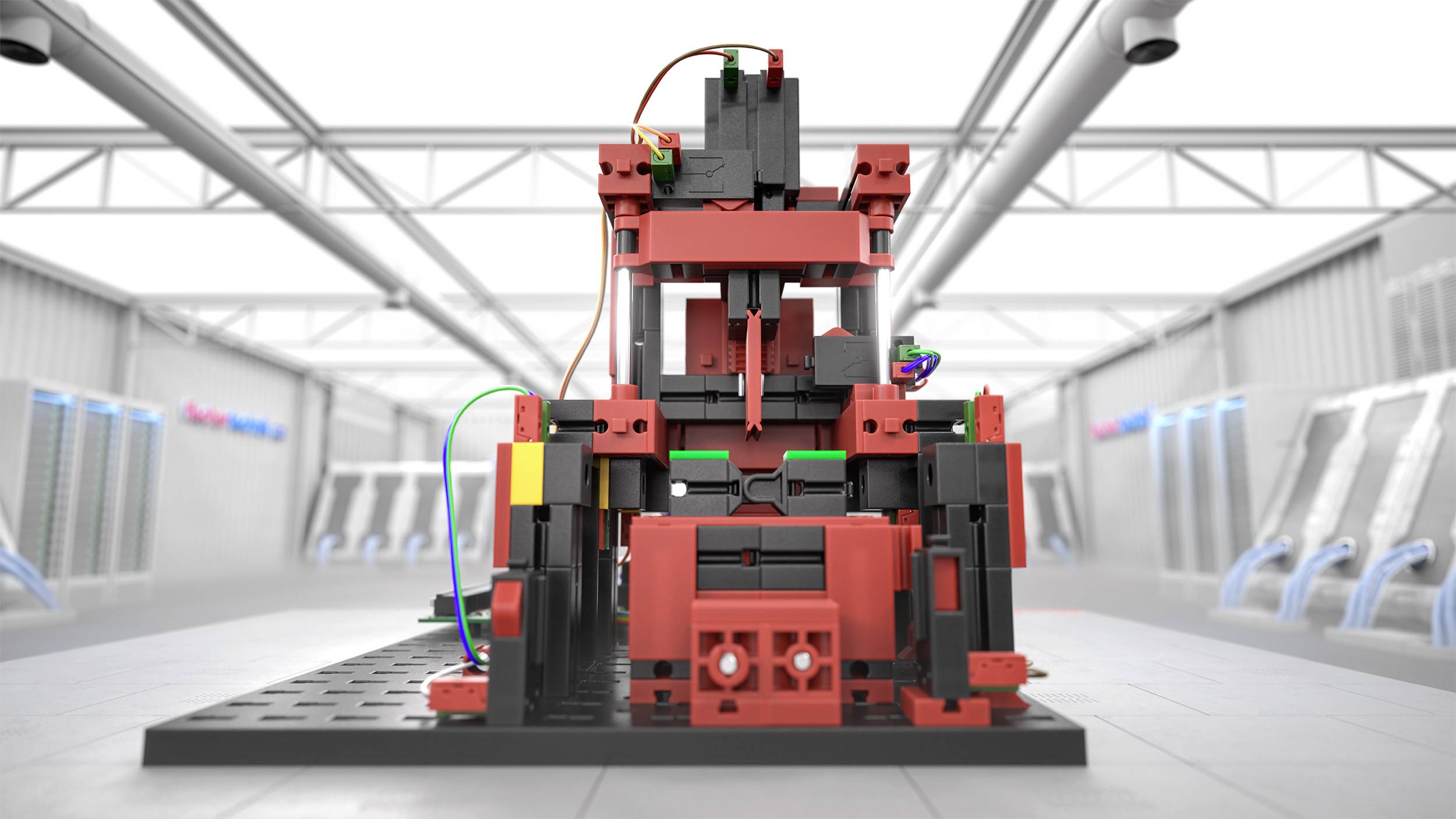 Ein modellierter Roboter aus roten und schwarzen Blöcken steht in einer futuristischen Umgebung, umgeben von Kabeln und Bildschirmen.