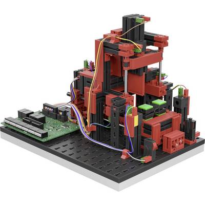 Eine bunte, modular aufgebaute elektronische Konstruktion mit mehreren verbundenen Kabeln auf einer schwarzen Basisplatte.
