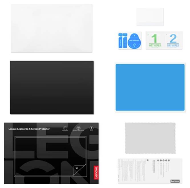'Lenovo Legion Go 5 Displayschutz-Set inklusive Reinigungstücher, Staubentfernungssticker, Reinigungstuch und Bedienungsanleitung in dunkler Verpackung.'