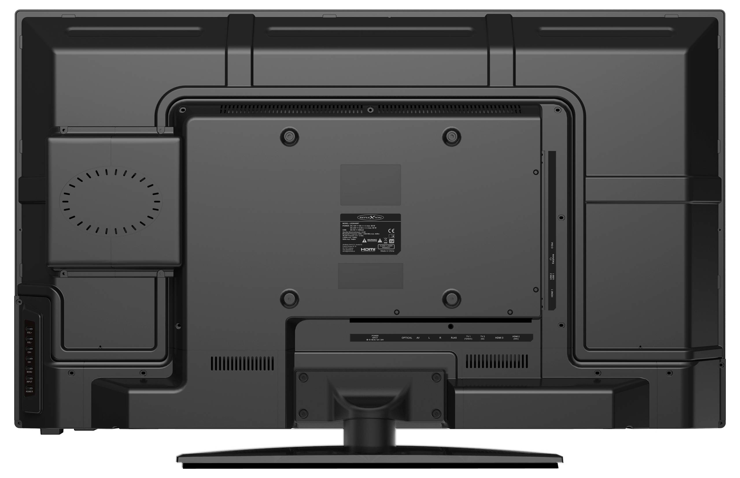 Ein Flachbildfernseher, von hinten betrachtet, der die Anschlüsse und das Belüftungssystem zeigt, mit einem Ständer am unteren Rand.