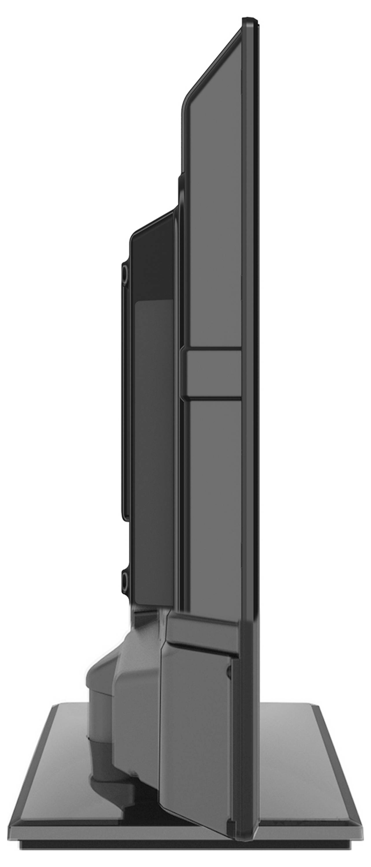 Ein schlanker, flacher Fernseher, von der Seite betrachtet, der seine dünne Silhouette und minimalistisches Design betont, auf einem rechteckigen Sockel platziert.