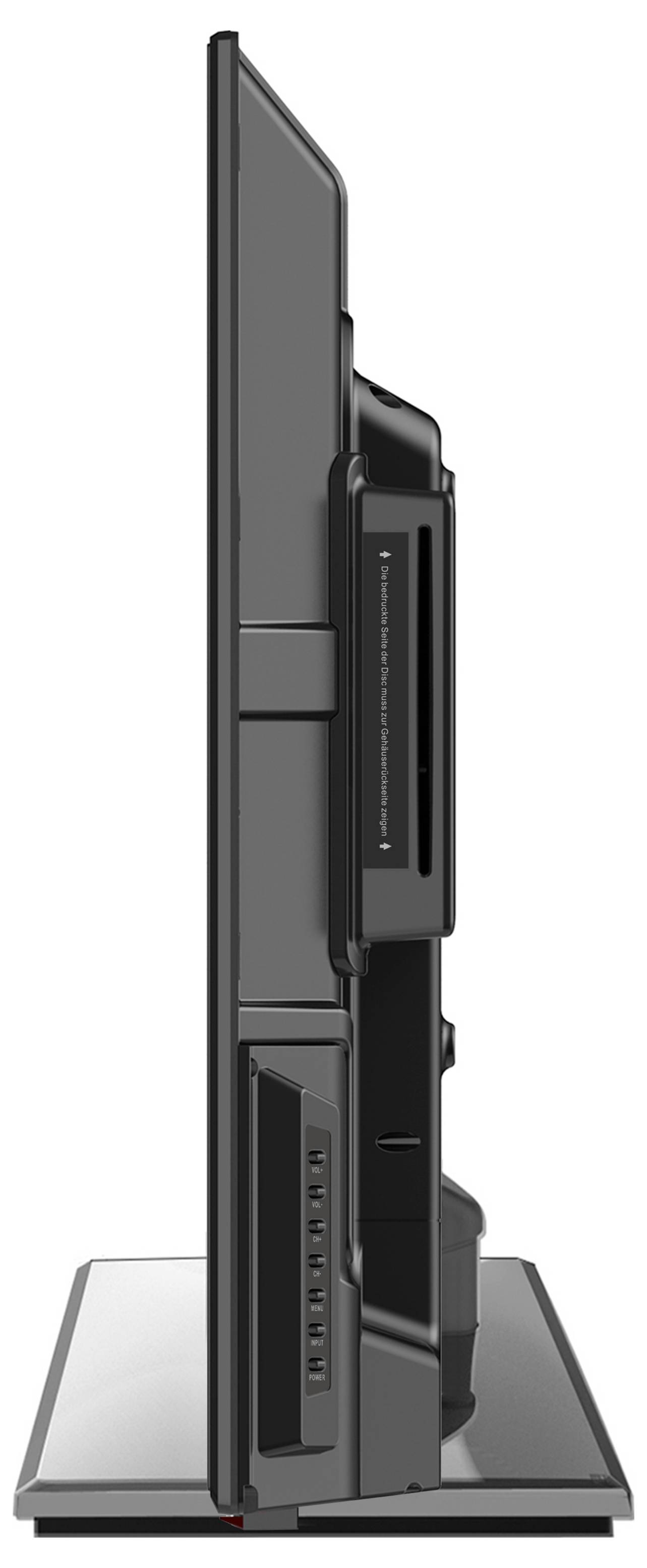 Eine Seitenansicht eines Flachbildschirm-Fernsehers, die seinen schlanken Profil vor einem einfarbigen Hintergrund präsentiert.