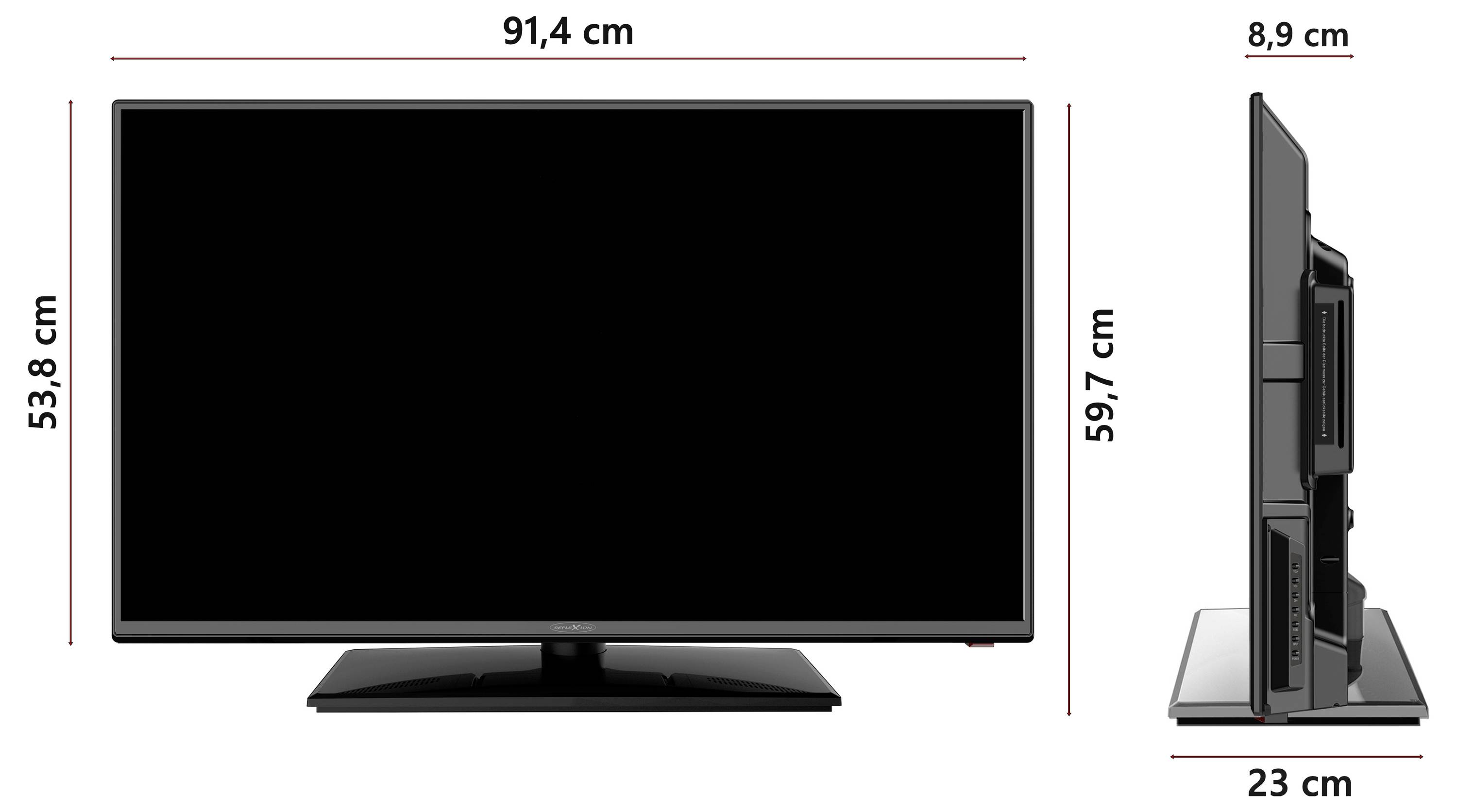 Flachbild-Fernseher mit Abmessungen: Breite 91,4 cm, Höhe 53,8 cm, Tiefe 8,9 cm. Seitenansichtshöhe 59,7 cm, Basentiefe 23 cm.