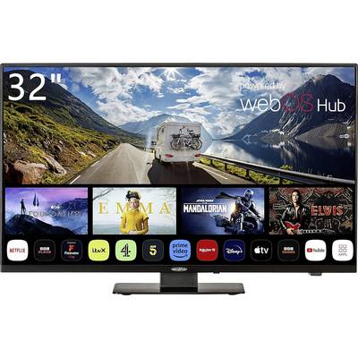 '32" Fernseher mit HDR und Smart TV Funktionen, zeigt Berglandschaft und Autokaravan, enthält WebOS Hub und Streaming-Apps wie Netflix und Disney+.'