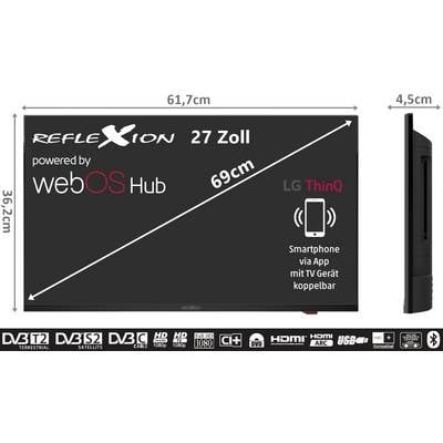 Flachbild-TV mit 27 Zoll, beschriftet mit 'REFLEXION powered by webOS Hub', zeigt Maße von 61,7 cm Breite, 36,2 cm Höhe, 4,5 cm Tiefe. Verbindbar mit Smartphone via App.