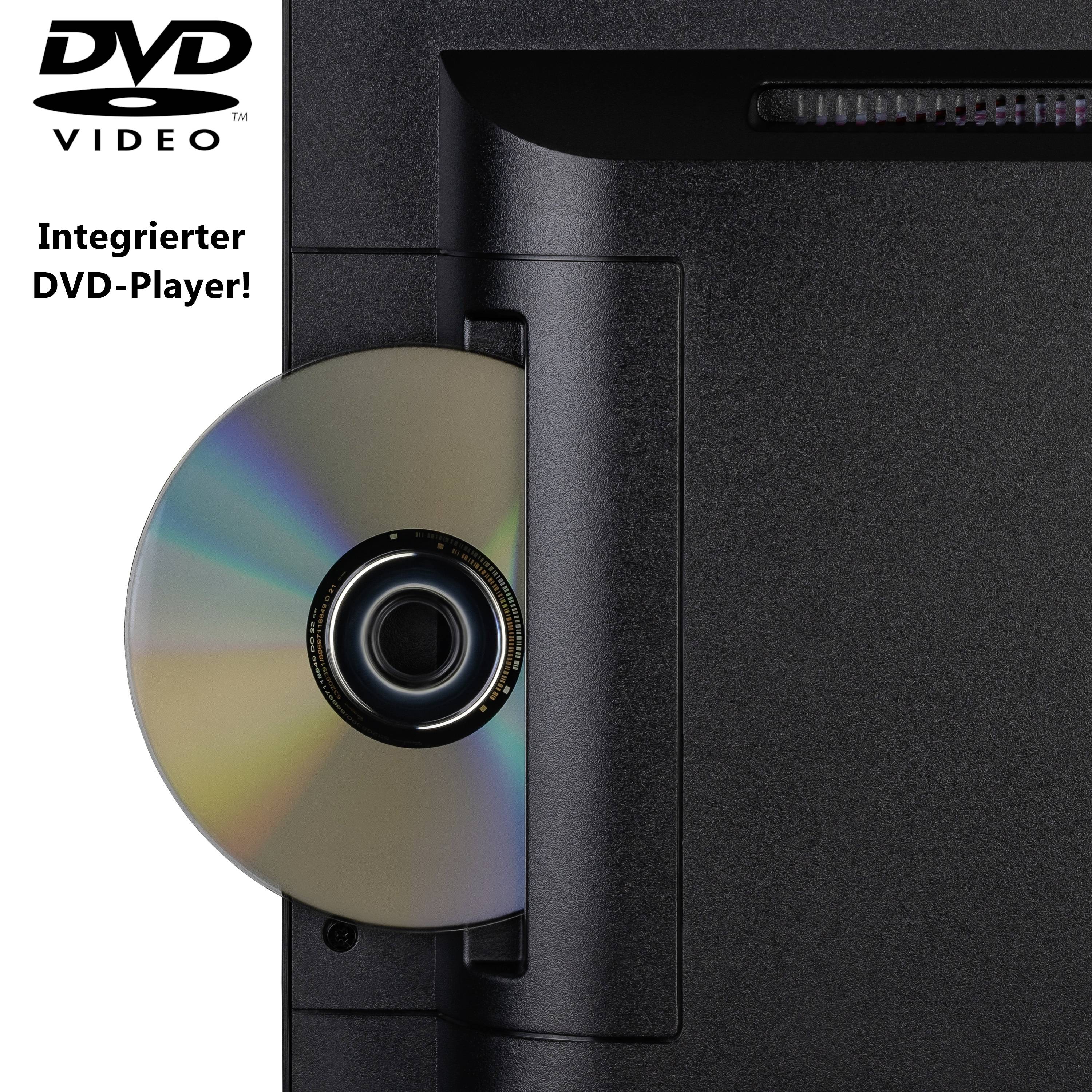 DVD wird in vertikalen DVD-Player eingeführt. Oben links steht 'DVD Video'. Darunter: 'Integrierter DVD-Player!'.
