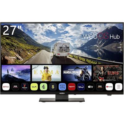 Ein 27-Zoll-Fernseher mit WebOS Hub. Der Bildschirm zeigt Apps wie Netflix und Disney+, mit einer Landschaftsszene im Hintergrund.