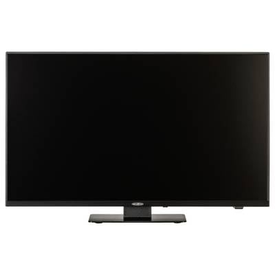 Ein schwarzer Flachbildfernseher mit einem schmalen Rahmen. Der Bildschirm ist ausgeschaltet.