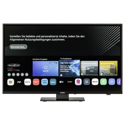 Ein Fernseher zeigt das Menü mit Apps wie Netflix, YouTube und Prime Video. Oben steht: 'Benutzerverver...' und ein Hinweistext.