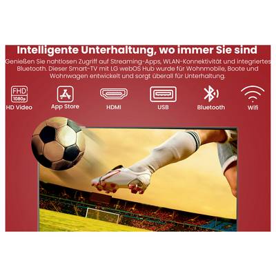 Werbebanner für Smart-TV-Unterhaltung mit Fußballszene, Funktionssymbolen für HD, App Store, HDMI, USB, Bluetooth und WLAN.