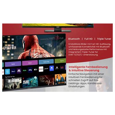Werbegrafik für einen LG webOS TV mit Spider-Man-Bild, App-Kacheln und den Merkmalen Bluetooth, Full HD und Triple Tuner; wirbt für intuitive Fernbedienung und Steuerung.
