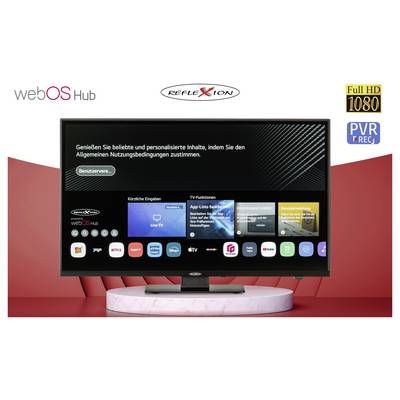 Werbegrafik für einen Reflexion webOS Hub Fernseher mit Startbildschirm; zeigt Apps, Live-TV und Funktionen sowie Logos für Full HD 1080 und PVR Record.
