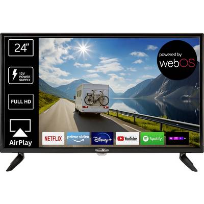 Ein 24-Zoll-Fernseher, der eine malerische Landstraße mit einem Wohnmobil zeigt, mit Streaming-Apps wie Netflix, Prime Video und Disney+ am unteren Bildschirmrand.